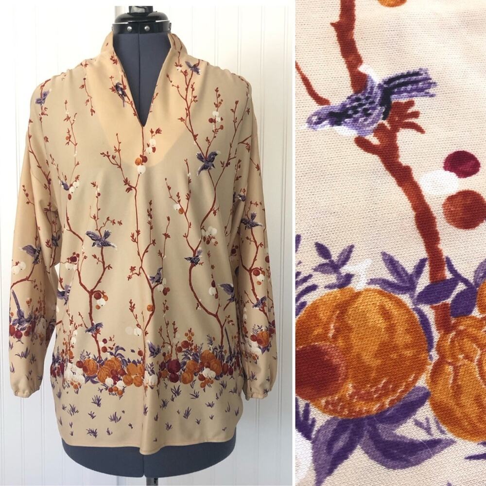 Vintage 70s Autumn Fall Blouse Pumpkins Leaves Purple Birds V-Neck Mandarin Med